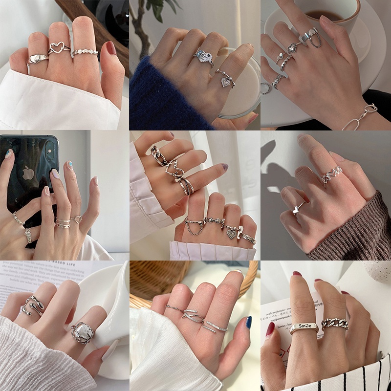 Set Nhẫn Bạc Nữ Rỗng Con Bướm Trái Tim Nhẫn Nam Ngọc Trai Nhẫn đôi Hàn Quốc Phụ Kiện Trang Sức Accessories