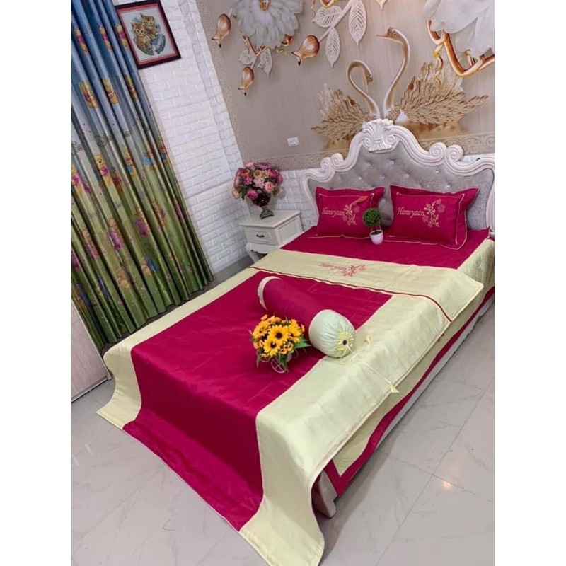 Set 7 món chăn ga gối satin trần bông satin thêu hoa cao cấp