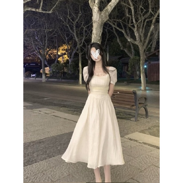 ĐẦM MIDI TRẮNG CỔ V DÂY NGANG NGỰC ✨