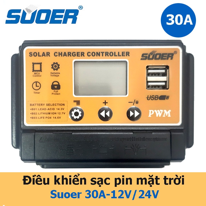 Sạc pin năng lượng mặt trời PWM SUOER 12V 24V 30A ST-S1230 TBD