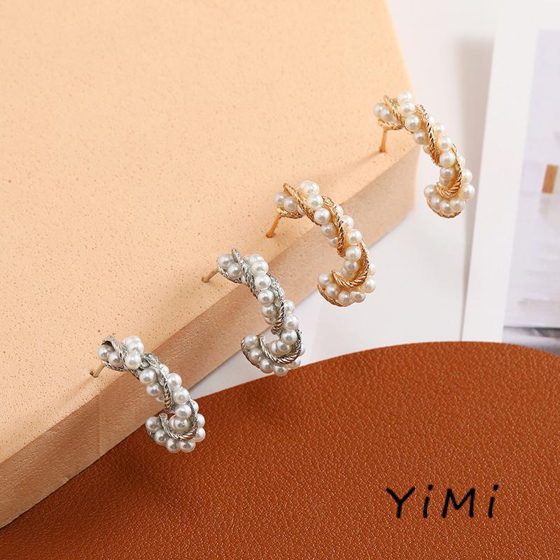 [mo] Bông Tai Ngọc Trai Xoắn Hình Chữ C Đơn Giản Cá Tính