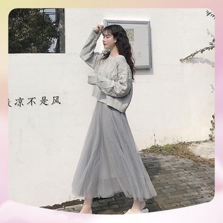 (Kèm ảnh thật) Set áo len + chân váy voan dài