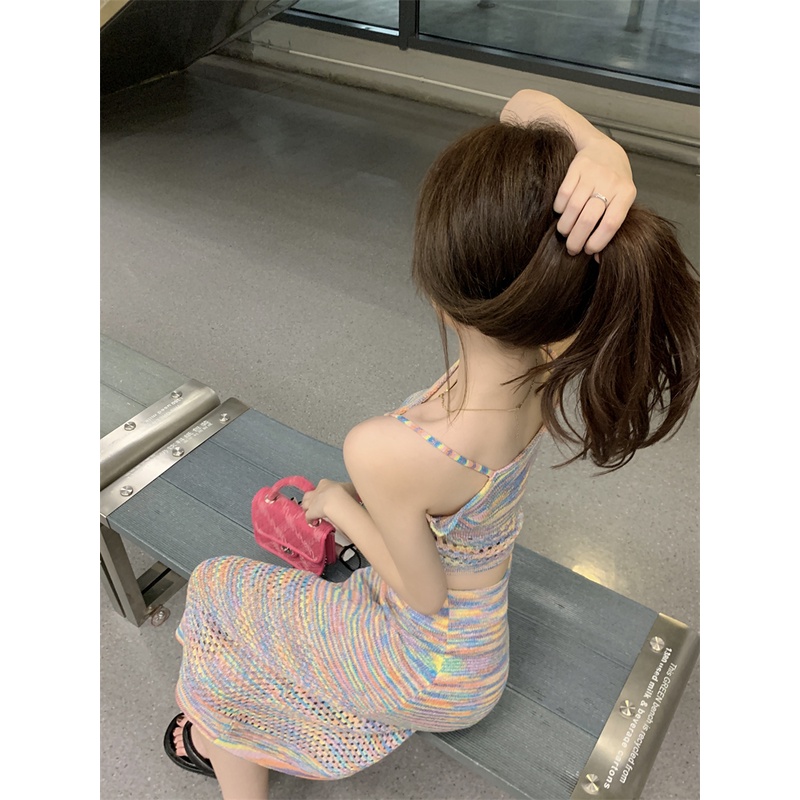 Cocory vn Set Áo Dây + Chân Váy Chữ A Dài Họa Tiết Màu Nhuộm Thời Trang Quyến Rũ Cho Nữ