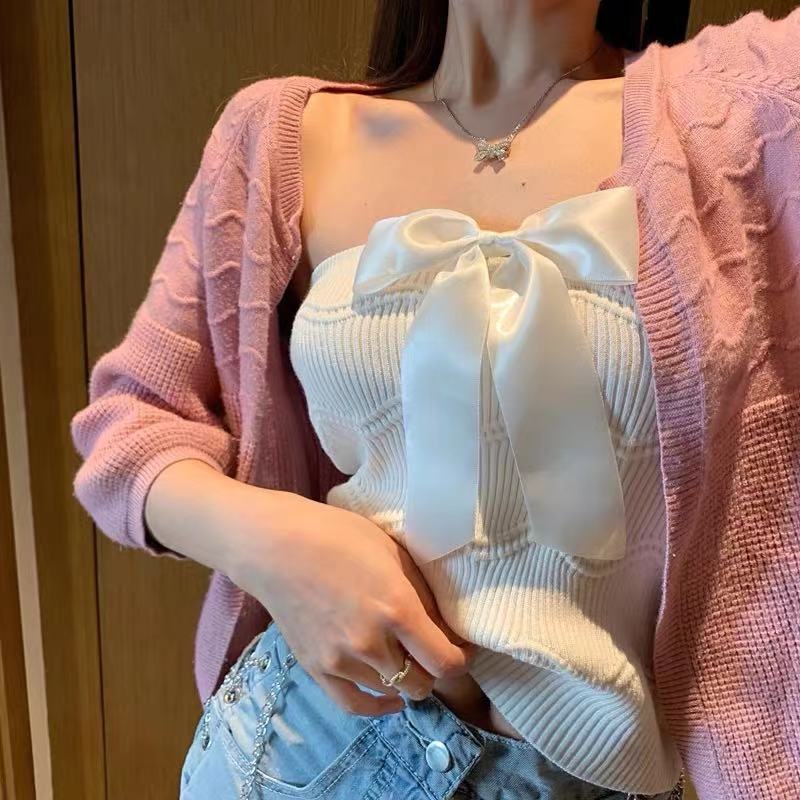 Áo không tay SUXI dệt kim phối nơ thời trang cho nữ