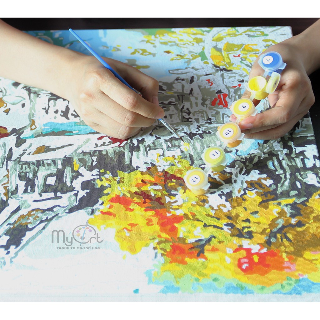 Tranh sơn dầu số hóa tự tô màu - Mã VN002 Tranh phong cảnh đường phố mùa thu phố cổ Hà Nội Việt Nam Paint by numbers