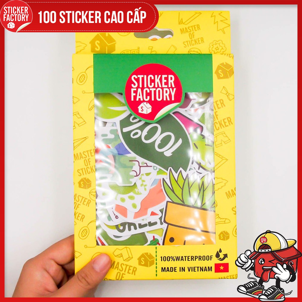 Green Xanh lá - hộp set 100 sticker decal hình dán nón bảo hiểm , laptop, xe máy, ô tô - STICKER FACTORY