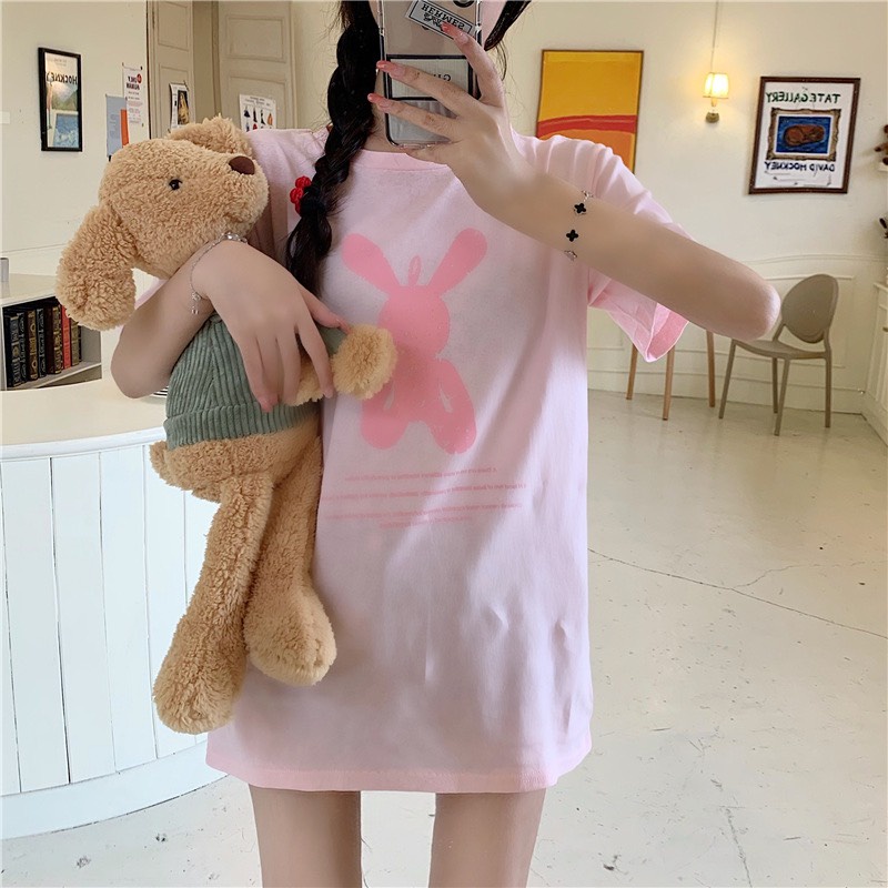 Áo thun thỏ hồng form rộng tay lỡ, áo phông in hình siêu cute