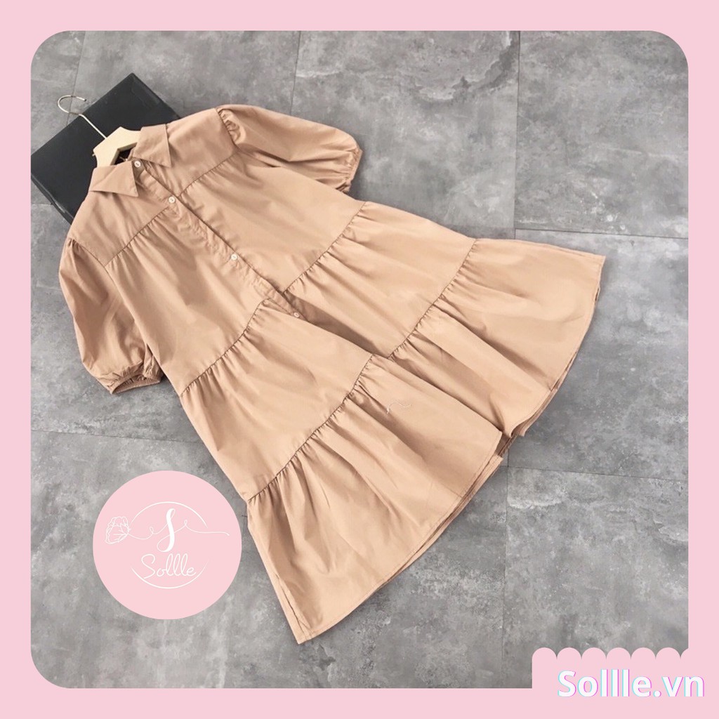 Váy sơ mi cổ đức ngắn tay Ulzzang, Đầm baby doll tay phồng oversize Sollle