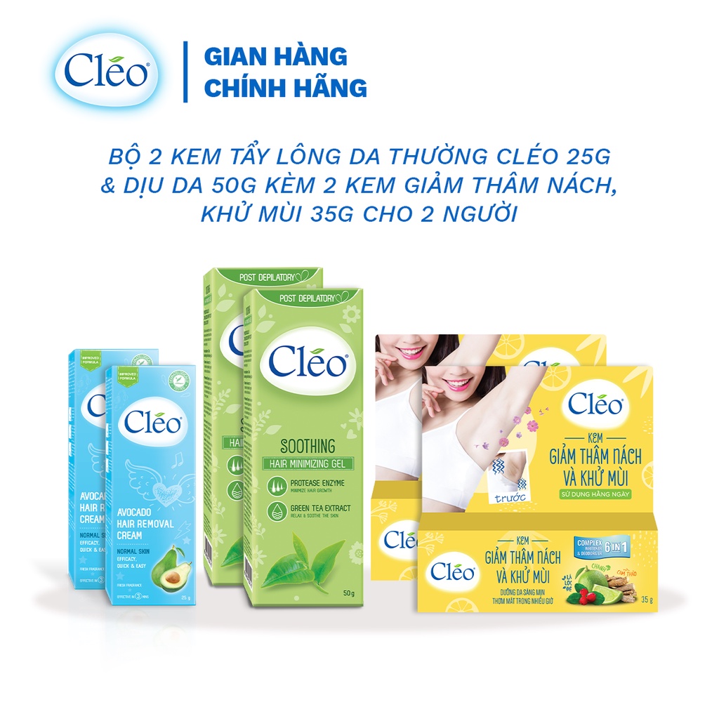 Bộ 2 kem tẩy lông nách da thường Cleo 25g &amp; dịu da 25g kèm 2 kem giảm thâm nách khử mùi 35g cho 2 người