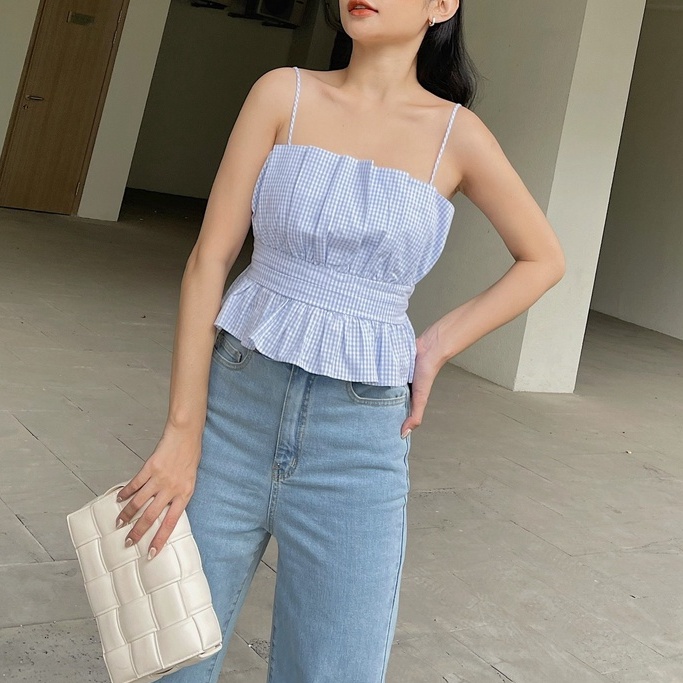 [Mã SKAMFSW175 giảm 10K đơn 50K] Áo hai dây xếp ly bo thun sau (Xanh/Trắng) GD07 | BigBuy360 - bigbuy360.vn