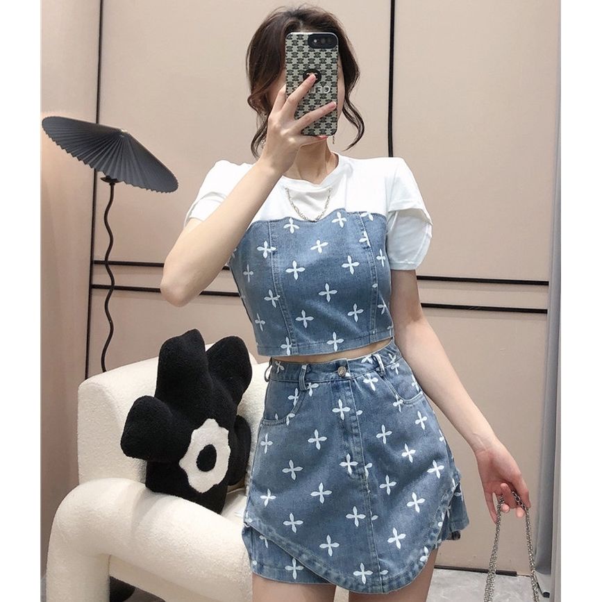 Set Áo Tay Phồng + Quần Jeans Chữ A Thời Trang Nữ