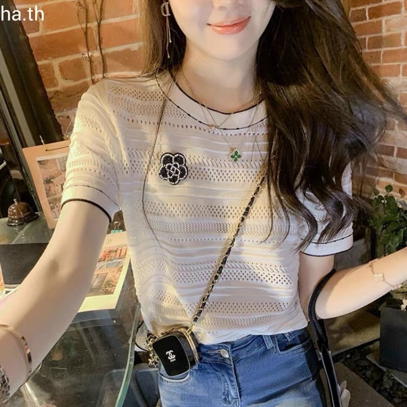 Áo len cài hoa nổi, len lỗ cổ tròn Quảng Châu 152