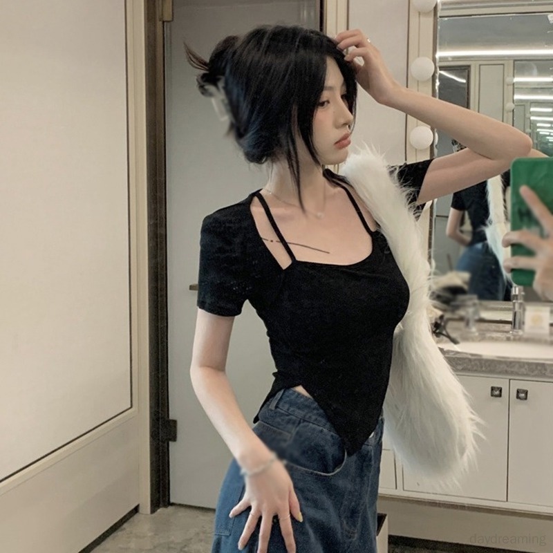 Áo Thun Croptop Tay Ngắn Cổ Vuông Màu Sắc Đơn Giản Cho Nữ