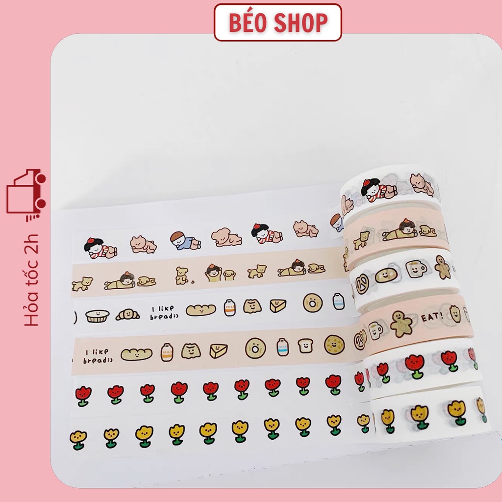 Cuộn băng dính washi tape Béo shop in họa tiết đáng yêu trang trí sổ tay đồ dùng học tập