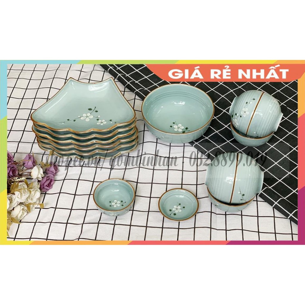 [GIÁ TỐT - BÁT ĐĨA ĐẸP] Bộ bát đĩa gốm sứ mặt trời - Bộ đồ ăn men xanh vẽ hoa đào trắng dáng độc đáo, chất lượng tốt!