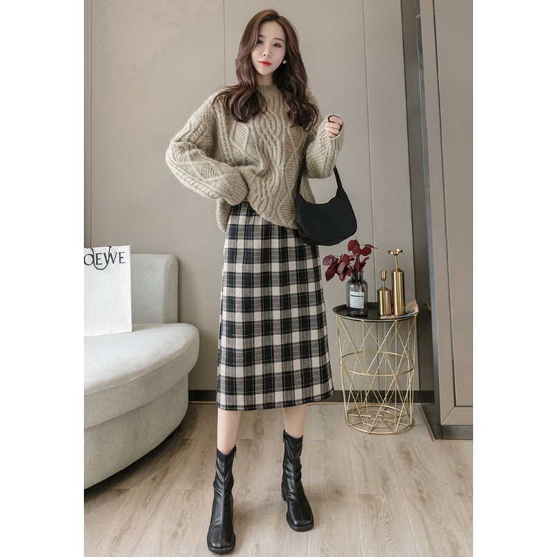 Chân váy dạ kẻ dáng dài Ulzzang, Chân váy dài dạ kẻ caro 2 màu đen nâu Quảng Châu form đẹp, chất mịn