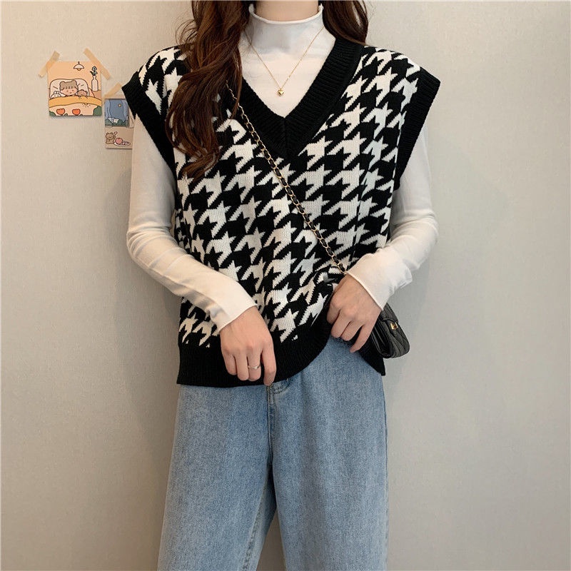 COZOK Áo len không tay cổ chữ V form rộng họa tiết sọc caro phong cách retro