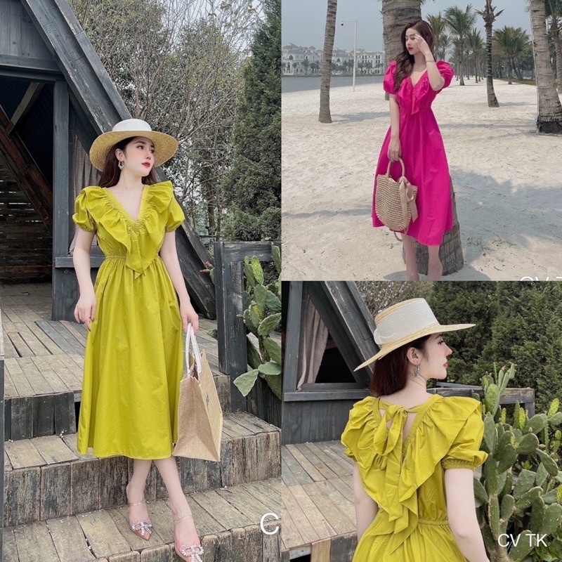 Đầm cổ V nơ sau bèo ngực form dài siêu xinh