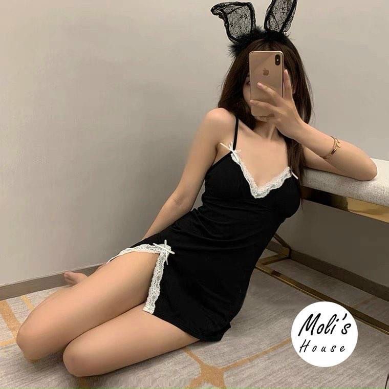 Đầm ngủ hai dây phối ren viền nơ xẻ tà sexy tặng kèm chip