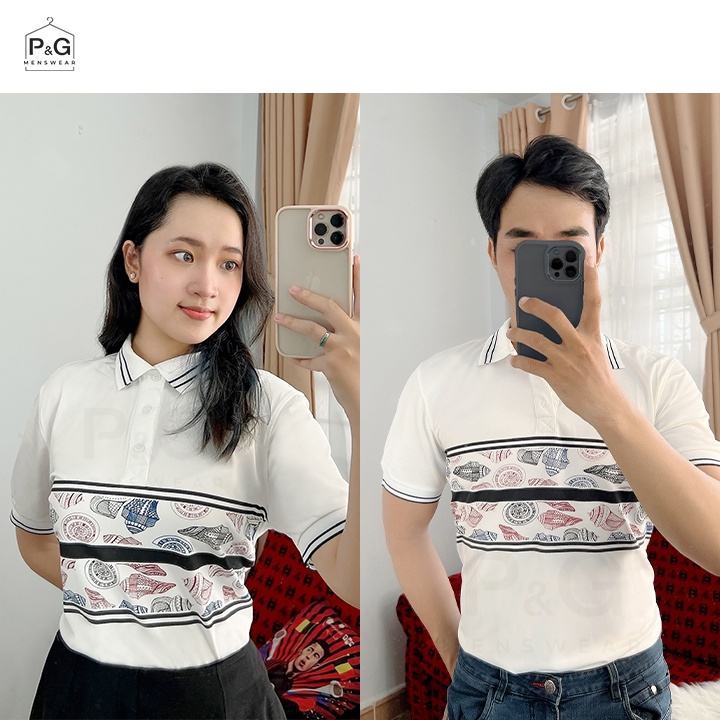 Áo Thun Polo nam nữ cặp đôi Premium, tay ngắn, cổ trụ - màu trắng, phối hoạ tiết vỏ ốc