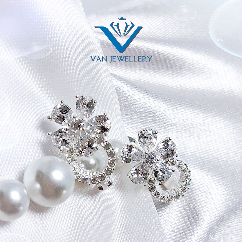 Khuyên tai bạc Khuyên cài Hoa nạm đá sang chảnh s950 cao cấp