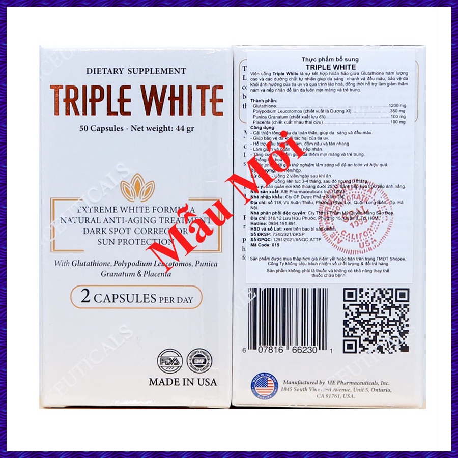 [HÀNG CHÍNH HÃNG]Viên Uống Triple White Trắng Da Chống Nắng Giảm Thâm Nám - Hộp 50 Viên