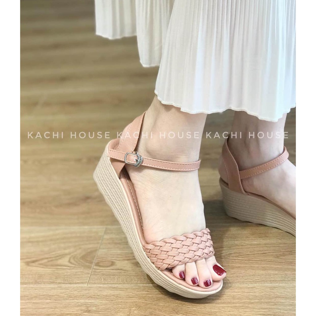 [LOẠI I] Sandal nữ đế xuồng nhẹ cao 5cm quai ngang đan cói xoắn tết bện đơn giản màu đen/be nhẹ êm mùa hè hot 2021