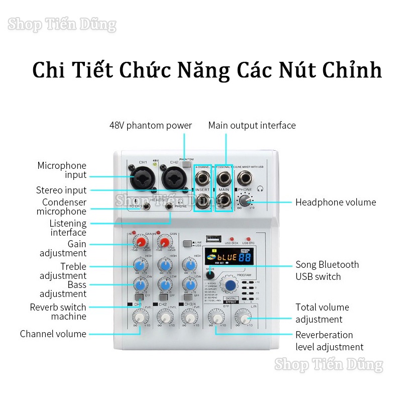 Bộ Trộn Âm Thanh Mixer E4 Có Bluetooth 4 kênh 88 88 hiệu ứng DSP Hỗ Trợ Nguồn 48v có thể Livestream, karaoke , ghi âm