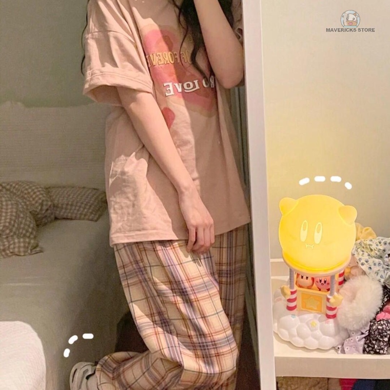 Bộ áo thun tay ngắn hình trái tim hồng và quần dài sọc caro thời trang mùa hè Hàn Quốc cho nữ (có bán lẻ)