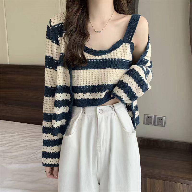 Áo Cardigan Dệt Kim Kẻ Sọc Rộng Bộ Hai Mảnh Có Dây Đeo Áo Ngắn Cho Nữ