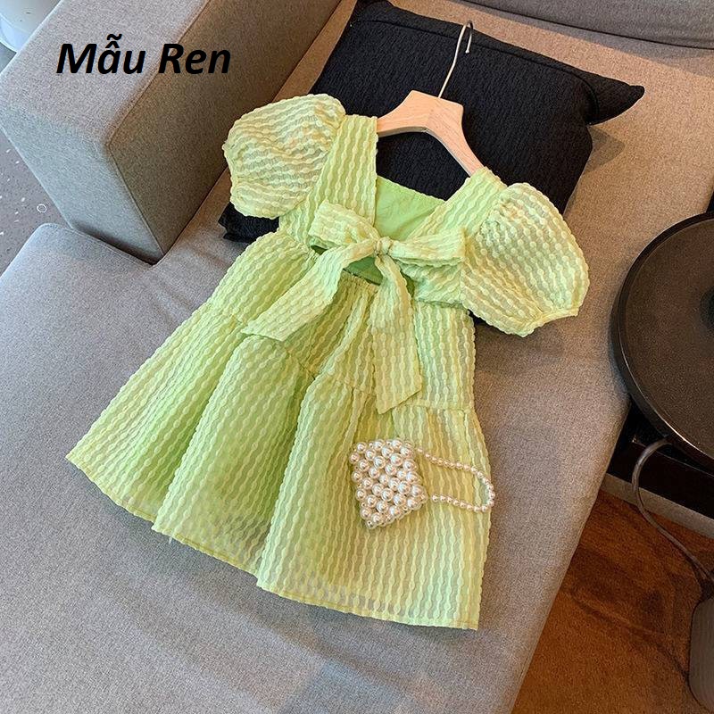 Váy bé gái đũi xốp nhăn hoặc váy ren mầu xanh nơ lưng bản to 8-36kg XHN999