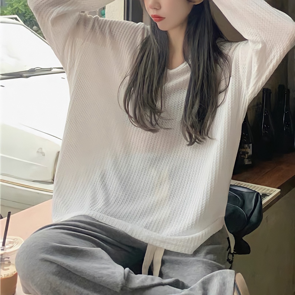 Áo Thun Tổ Ong Cổ Tròn Dài Tay 🦋 Áo Phông Nữ Mỏng Dáng Thụng Hàn Quốc Nhiều Màu 🦋