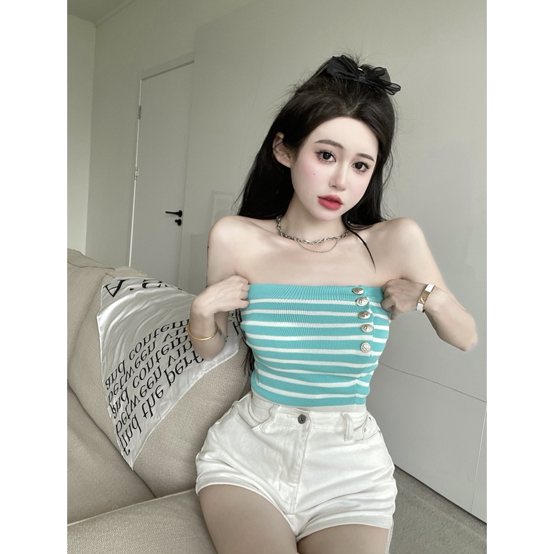 Áo Ống Dệt Kim Họa Tiết Kẻ Sọc Phong Cách Hàn Quốc Thời Trang Quyến Rũ Dành Cho Nữ