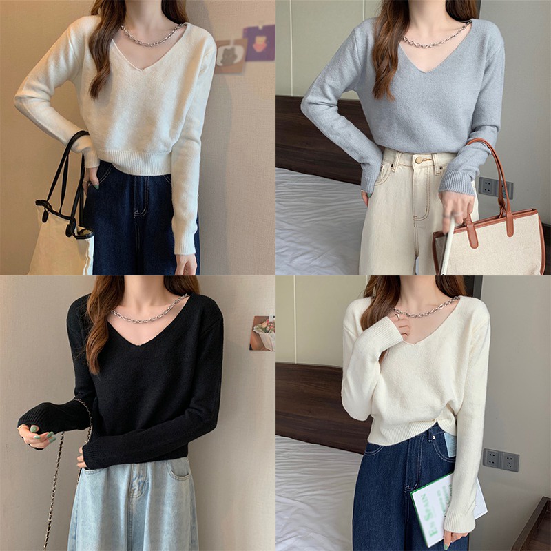 Áo Croptop Tay Dài Cổ Chữ V Phong Cách Hàn Quốc