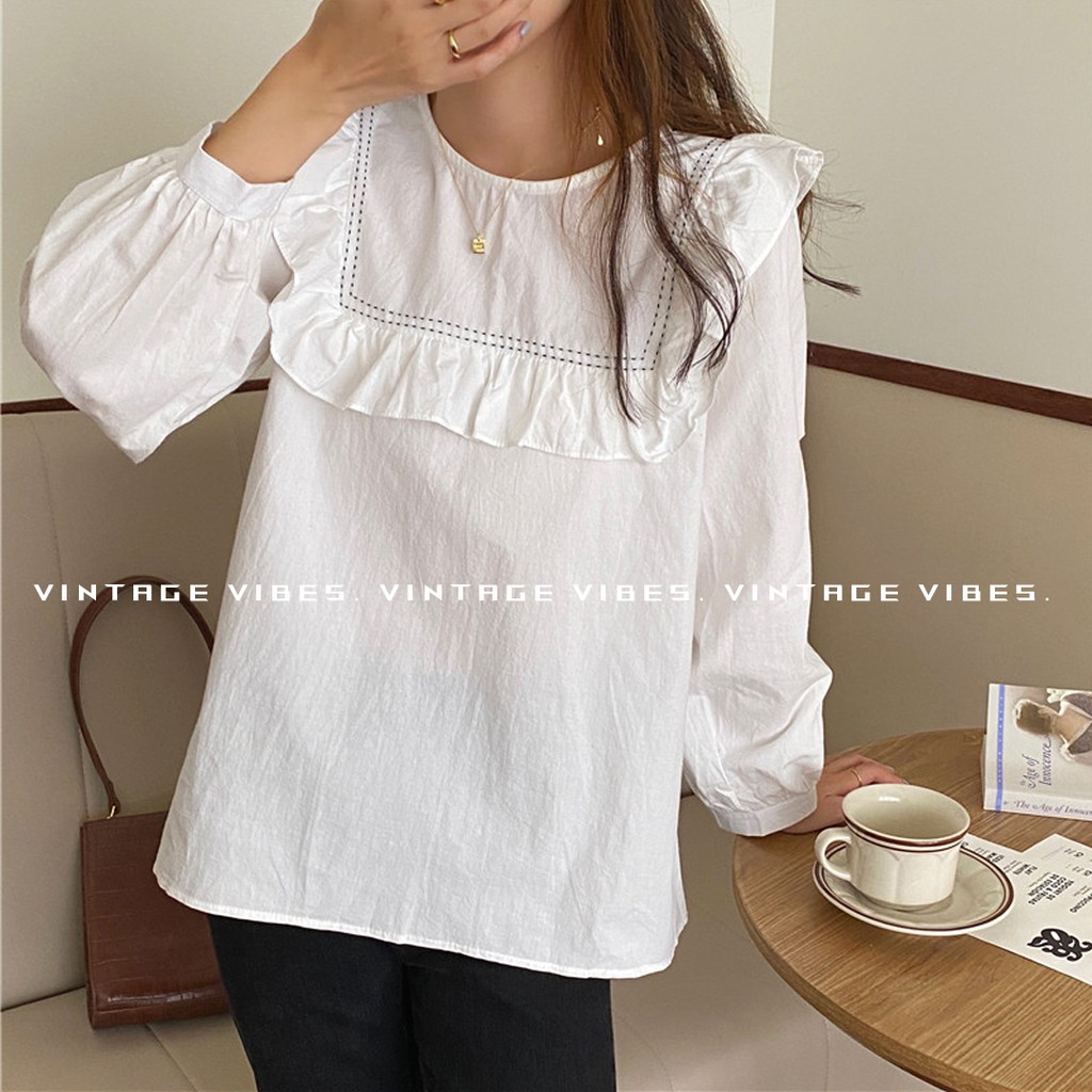 Áo babydoll cổ bèo thêu tiểu thư Ulzzang (hàng QC) - Ảnh thật cận chất