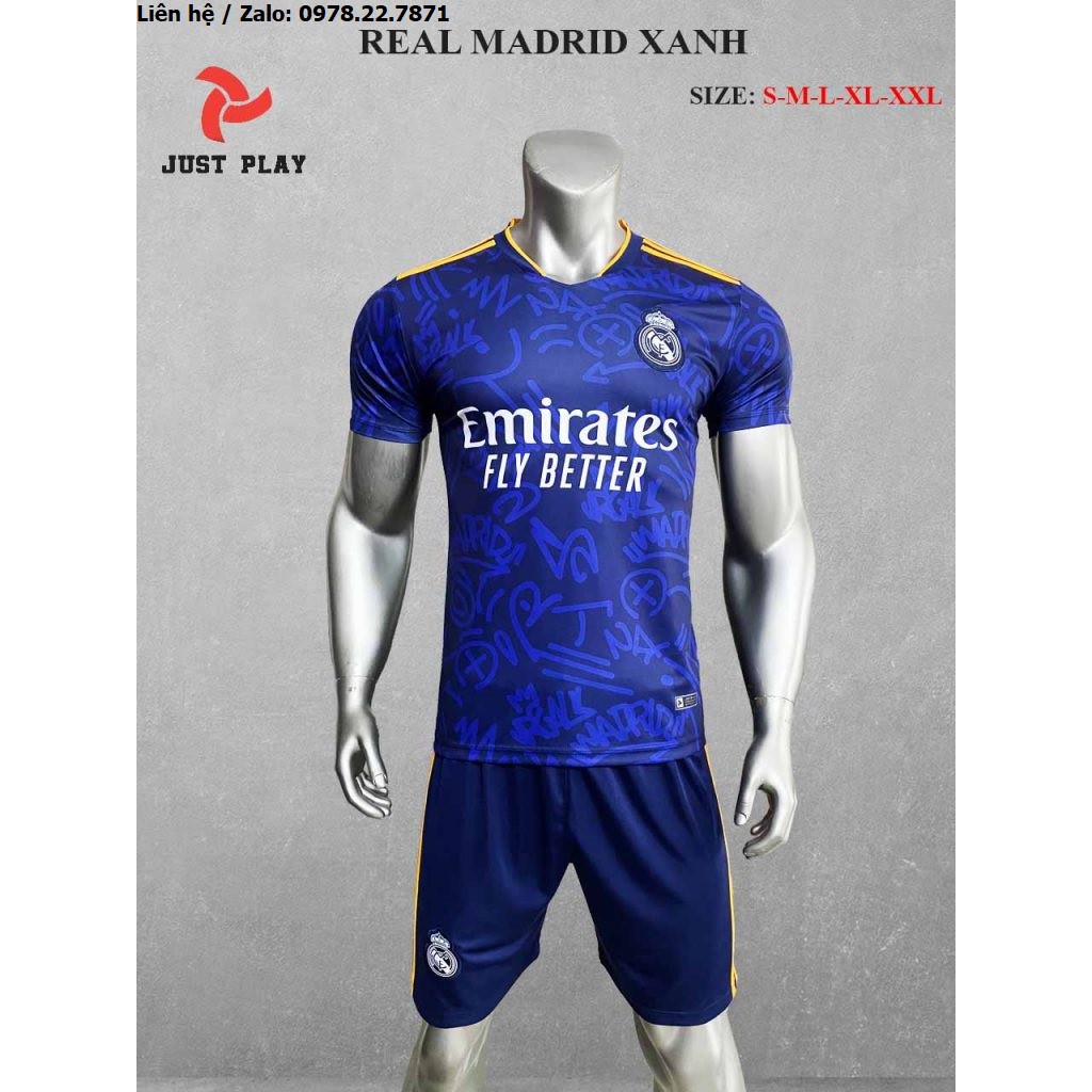 Bộ Quần Áo Bóng Đá Real Madrid Sân Khách Màu Xanh 2021-2022