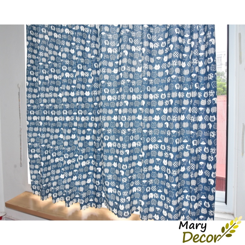 Rèm cửa chống nắng, rèm cửa sổ Loại 1, vải treo tường trang trí decor phòng ngủ phòng khách Mèo Kitty xanh R-G02
