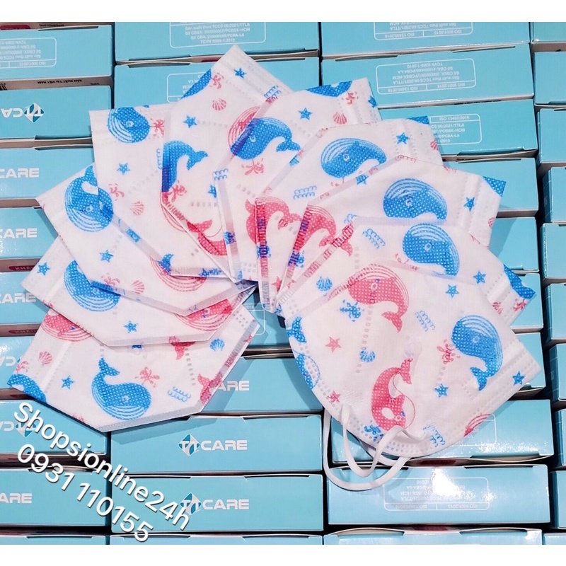 ✅ Hộp 10 cái khẩu trang y tế kháng khuẩn cho bé N95 VN95 TTcare cao cấp hình Cá Với