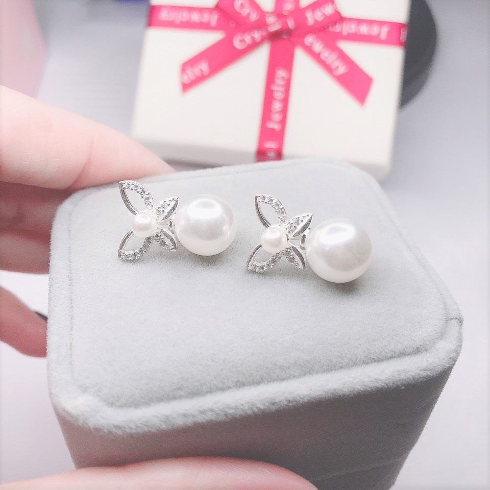 Bông tai bạc Evasilver hình cánh hoa đính ngọc trai, Khuyên tai chất liệu bạc thật cao cấp sang trọng