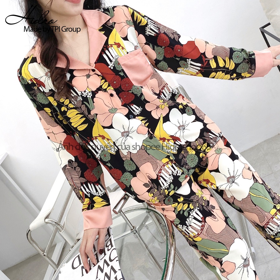 Bộ Pijama Lụa Dài Tay Cao Cấp Chất Lụa Mềm Mịn Không Nhăn Hàng Thiết Kế