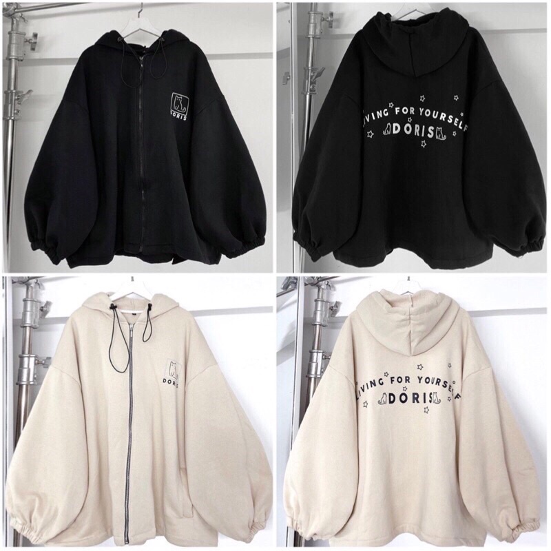 Áo Khoác Hoodie Dây Kéo Hình Mèo Doris Tay Bồng Unisex🌸 Jacket Form Rộng Có Mũ Màu ĐEN vàBe Ulzzang