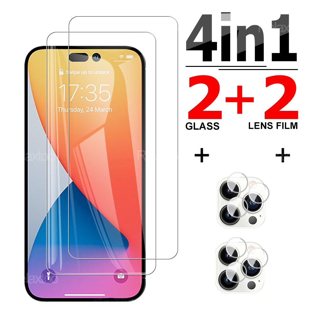 Kính Cường Lực 4 Trong 1 Bảo Vệ Ống Kính Máy Ảnh HD Cho iPhone 14 11 12 13 Pro Max 8 7 Plus SE 2020 2022