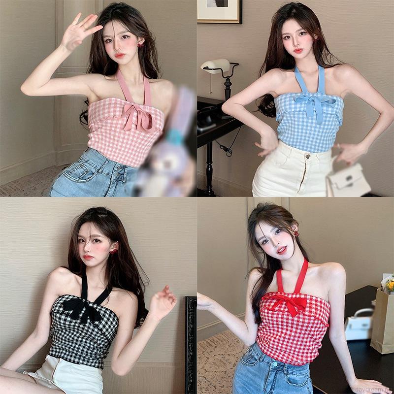 Áo Croptop dệt kim hai dây họa tiết caro đính nơ dáng ôm trẻ trung cho nữ