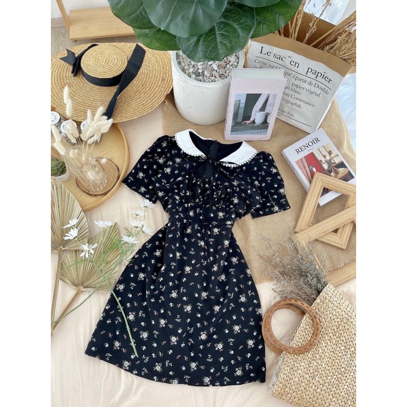 Đầm hoa phối cổ trắng cutout ngực