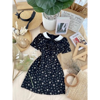 Đầm hoa phối cổ trắng cutout ngực