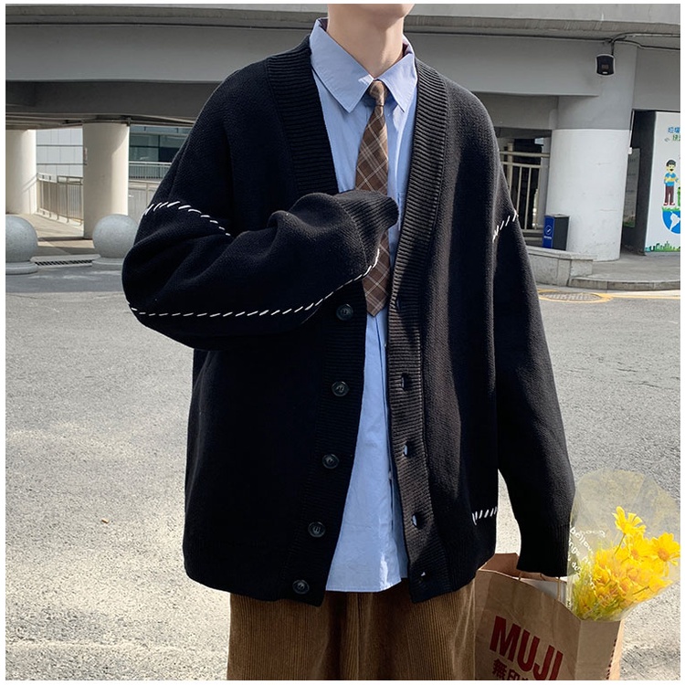 Áo cardigan len nam form rộng ullzang hàn quốc, Áo khoác cardigan len nam nữ unisex oversize chất len viền kẻ học sinh