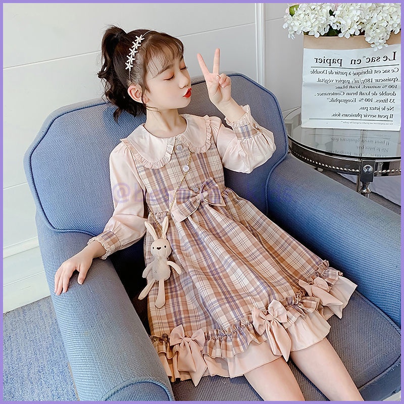 Đầm Công Chúa Họa Tiết Sọc Caro Đính Nơ Phong Cách Lolita Thời Trang Xuân Hè Cho Bé Gái