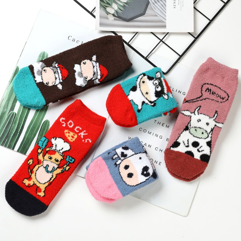 Vớ Nhung San Hô Dày Dặn Ấm Áp In Họa Tiết Bò Sữa Hoạt Hình Dễ Thương Cho Nữ