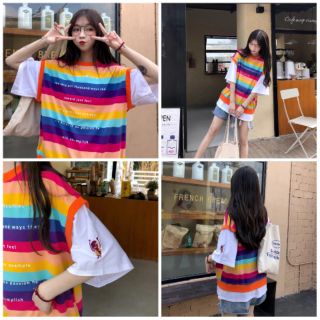 Order áo phông trắng liền gió kẻ cầu vồng oversize🌈