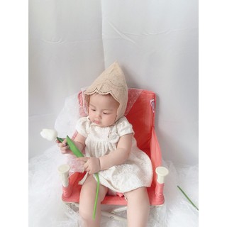 Set yếm + mũ thô chóp nhọn bé gái set yếm + nón bonnet size 0-2y thô thêu style Hàn byNayoung